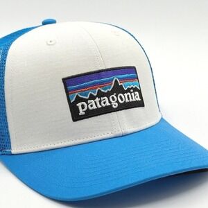 Patagonia P-6 Logo Trucker Hat Snapback Mesh Adjustable White Vessel Blue Cap